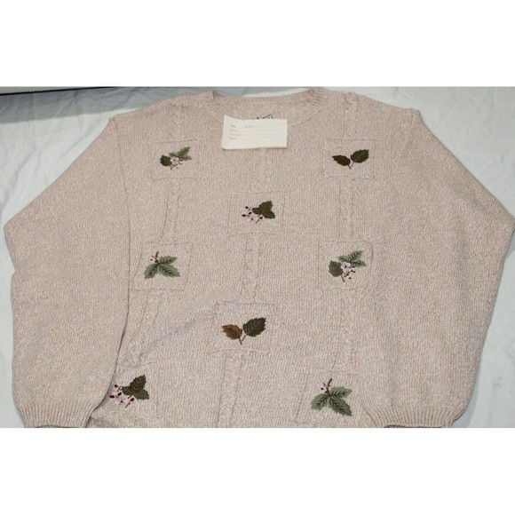 Vtg. Triona Design Women's XXL Knit Sweater Tan Embroiled LS 100% Cotton Ireland - Picture 5 of 12